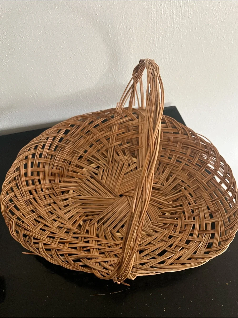 Authentic Vintage Rattan Handled Basket with Blue Lining and Decorative Floral